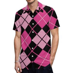 Zwart en roze Argyle casual herenoverhemden korte mouw met zak zomer strand blouse top L