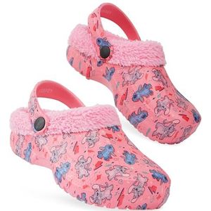 Disney Stitch clogs voor meisjes met fleece voering, instapschoenen, gezellige winterklompen voor binnen en buiten, voor meisjes, Roze Steek/Engel, 9.5-10.5 Big Kid