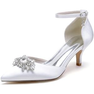 Dames Trouwschoenen Voor Bruid Strass Mid Kitten Heel Jurk Pumps Puntige Neus Avondfeest Bruidsschoenen,Wit,36 EU