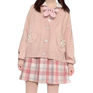 Damesvest Japanse stijl strik gebreide truien meisjes schattige trui lange mouwen trui V-hals kort vest tops, roze, M