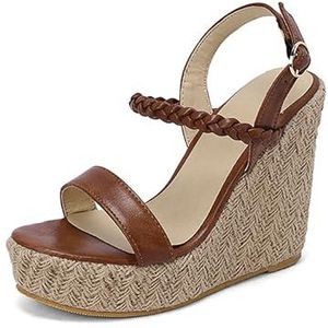Wedge Sandalen Voor Vrouwen, 4.7 Inch Zomer Stro Wedge Hoge Hakken, Platform Gevlochten Open Teen Dames Dressy Sandalen(Brown,48 EU)