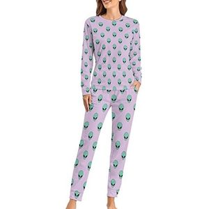 Groene Alien Head Zachte Dames Pyjama Lange Mouw Warm Fit Pyjama Loungewear Sets met Zakken 4XL