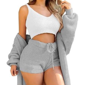 WIWIDANG Shecozy Pyjamaset, Cozy Knit Set 3-delig, Sexy Wollig 3-delige Pyjama-Vest Outfit Set voor Dames, Gray-a, S