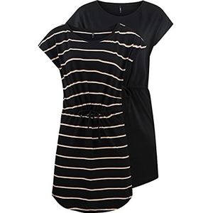 ONLY Dames zomer mini-jurk onlMAY S/S Dress 2-pack maat XS S M L XL XXL gestreept zwart 100% katoen, Black Double Camel, M