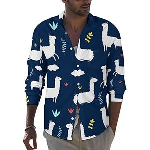 Schattige lama alpaca heren revers shirt met lange mouwen button down print blouse zomer zak T-shirts tops 2XL