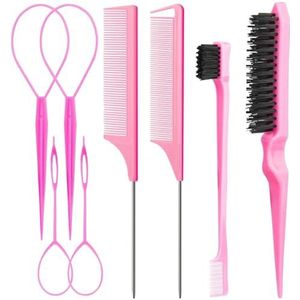Yezhenzhen 8 stuks haarstylingkammen set inclusief 4 stuks haarstaartgereedschap 2 stijlen van rattenstaartkam, 1 stuk varkenshaar plagen gladde rug haarborstel, 1 stuks randcontroleborstel