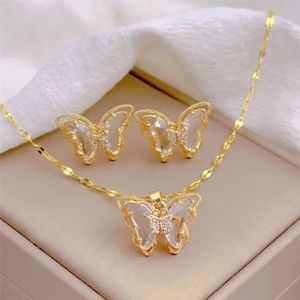 Fashion Light Luxury Design Butterfly Set Earrings Necklace Classic Personality Micro-inlaid Transparent Crystal Stainless -X1272-White-50cm
