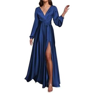 Bruiloft Gast Jurk A-lijn V-hals Lange Mouw Floor Lengte Bruidsmeisje Jurk voor Vrouwen YIAX125, marineblauw, 32