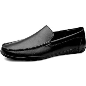 Loafers for heren, eenvoudige ronde neus, effen kleur, lederen loafers, lichtgewicht antislip, platte hak, feest, bruiloft, instappers (Color : Black, Size : 43 EU)