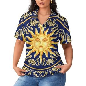 Celestial barok blauw goud zon gezicht dames poloshirts met korte mouwen casual T-shirts met kraag golfshirts sport blouses tops S