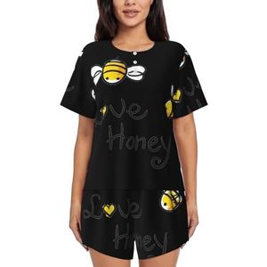 Bee Love Honey Print Dames Zomer Zachte Tweedelige Bijpassende Outfits Korte Mouw Pyjama Lounge Pyjama Sets, Zwart, XL
