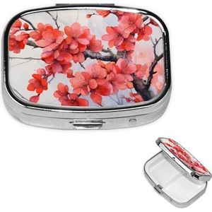 Pillendoos 2 compartimenten rode pruimenbloesem pillendoosje voor portemonnee of zak vierkante pillenorganizer reizen pillendoos draagbare pillencontainer medicijn vitamine organizer