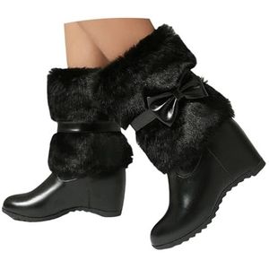 Dames Snowboots Met Pluche Revers Elegante Enkellaarsjes Met Strikken Herfst Winter Sleehak Laarsjes PU Lederen Instapper Enkellaarsjes Outdoor Warme Katoenen Schoenen(Black,37 EU)
