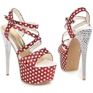 HFIRHfgj 15CM Vrouwen Hoge Platform Sandalen met Enkelbandje Open Teen Spoel Chunky Hakken Prom Party Dress met Gesp,Rood,34 EU