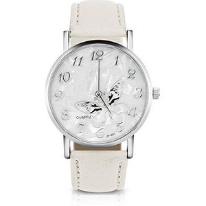 Vrouwen Quartz Horloge Vrouwen Analoge Ronde Horloges PU Lederen Armband Mode Eenvoudige Vlinder Ontwerp Polshorloge, Wit., riem