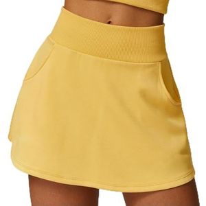 Vrouwen Sport Korte rok Pocket Yoga Shorts Hoge taille Fitness Hardlopen Tennis Badminton Rok Gym Shorts Workout-Oranje gele kleur-S