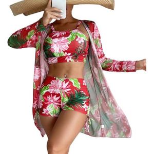 oenyaeu Badpak voor dames, met bedekkende strandrok, kimono, rugvrij, bloemenprint, bikiniset, badpakken, Rood, XL