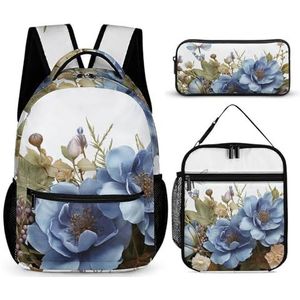 BTCOWZRV 3 STKS Rugzakken Set Grote Capaciteit Multifunctionele Blauwe Bloemen En Libelle Laptop Rugzak met Lunch Tas Potlood Case Trendy Rugzak En Pen Tas 3 in 1 Set Reizen Dagrugzak Geschenken,