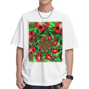 Rode lieveheersbeestjesprint dames katoenen T-shirts casual korte mouw tuniek tops ronde hals zomer basic losse pasvorm T-shirt, Wit, S