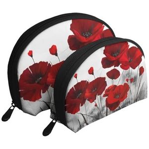 Make-uptas, cosmetische reistas 2 stuks draagbare clutch zakje set zakje organizer rode klaproos bloemenprints, zoals afgebeeld, Eén maat