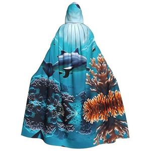 FRGMNT Mooie Onderwater Wereld Dolfijnen Koraal Print Mannen Hooded Mantel, Volwassen Cosplay Mantel Kostuum, Cape Halloween Dress Up, Hooded Uniform