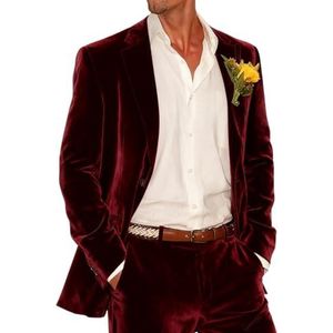 Mannen Fluwelen Pak Smoking 2 Stuk Suits Slim Fit Bruiloft Winter Groomsmen Fluwelen Blazer Broek Pak, Bordeaux, L