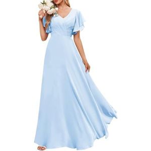 Chiffon bruidsmeisjesjurken voor dames, met split, baljurken, cocktailjurken, grote maten, Lichtblauw, 32