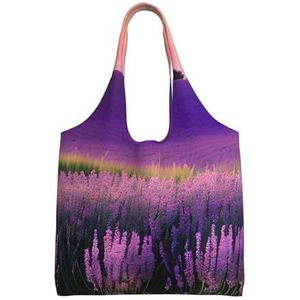 RLDOBOFE Lavendel weide bij zonsondergang lente print canvas draagtas voor vrouwen esthetische boodschappentassen schoudertas herbruikbare boodschappentassen, Zwart, One Size