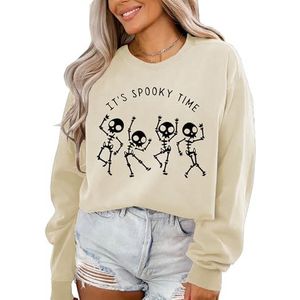 MLZHAN It's Spooky Time Halloween Sweatshirts Vrouwen Grappig 4 Dansend Skelet Lange Mouw Shirts Halloween Causale Gift Tops (Beige, XL), Beige, XL