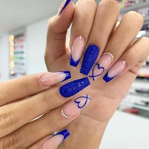 Franse kunstnagels medium, 24 stuks gradiënt wit roze Franse nepnagels, vierkant patroon, Franse nageltips met nagellijm, voor vrouwen meisjes nagels kunst donkerblauw hart rand