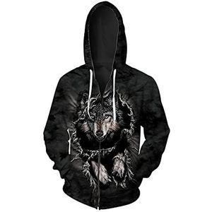 Mens 3D grafische print volledige rits hoodie capuchon sweatshirt wolf print rits up trui jas, # 1, 3XL