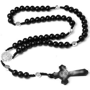 Natuurlijke houten kralen kruisketting handgeweven rozenkrans kruis sieraden cadeau (Style : Black)