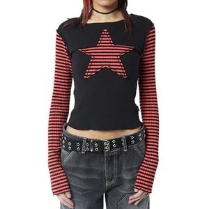 Vrouwen Y2k Gestreepte Ster T-shirt Patchwork Slim Fit Tops Lange Mouw Ronde Hals Fairy Grunge Baggy Crop Top Vintage Harajuku Streetwear, Oranje, L