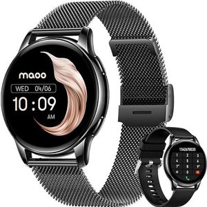Maoo Ventura AMOLED Smartwatch dames - Smartwatches voor Dames van roestvrij staal en siliconen band - Stappenteller - Hartslagmeter - Slaapmonitor - Multisport - Geschikt voor Android en iOS Zwart