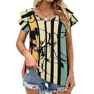 Retro stijl Jiu Jitsu dames casual tuniek tops ruches korte mouwen T-shirts V-hals blouse T-shirt