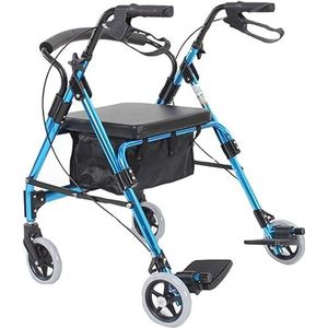 Blue 2 In 1 Elderly Rolling Walker, Portable Heavy Duty Wheelchair With Large Wheels & Seat & Brake& Back Rest，Folding Walker Decoration