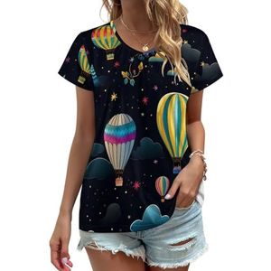Heteluchtballonnen met sterren dames V-hals T-shirts leuke grafische korte mouw casual T-shirt tops XL