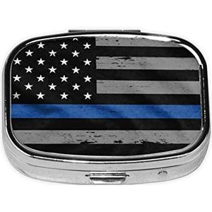 Mini vierkante pillendoos, medicijnorganizer, Amerikaanse dunne blauwe lijnvlag, draagbare EHBO-doos, reispillendoos met 2 vakken, kleine pillendoos voor zak of portemonnee