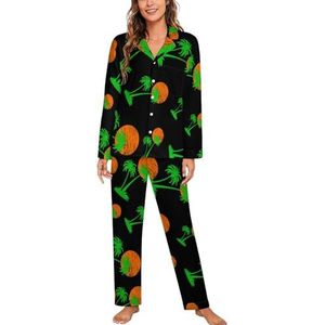 Palm Tree Vrouwen Lange Mouw Button Down Nachtkleding Zachte Nachtkleding Lounge Pyjama Set L