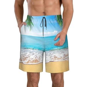 JIAWUJYNB Ocean Sea Beach Palm Leaves Print strandshorts voor heren, lichtgewicht, sneldrogend trekkoord zwembroek met zakken, Wit, XL