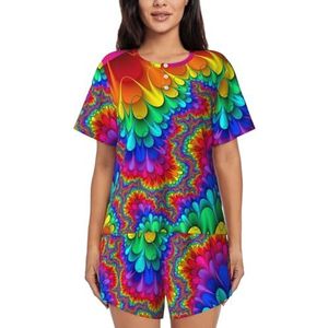 Rainbow Tie Dye-Red Print Dames Zomer Zachte Tweedelige Bijpassende Outfits Korte Mouw Pyjama Lounge Pyjama Sets, Zwart, XXL
