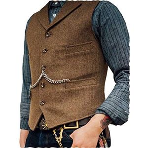 AeoTeokey Klassieke Mens Wol Tweed Pak Vest Casual Mouwloze Jas Visgraat Vest voor Smoking, Bruin, L