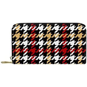 Vrouwen Zip Rond Portemonnee en Telefoon Clutch, Houndstooth Rood Zwart Wit Geel Patroon, Reistas Lederen Clutch Bag Kaarthouder Organizer Polsbandjes Portefeuilles, Meerkleurig, 8.07x1x4.53 in