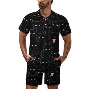 Zwarte kat heren poloshirt set korte mouwen trainingspak set casual strand shirts shorts outfit L