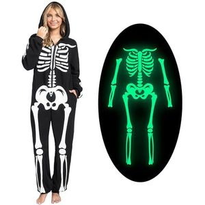 Spooktacular Creations Skelet jumpsuit voor dames, pyjama, glow in the dark kostuum, Halloween-kostuum voor verkleedpartij, rollenspel (UK, Alpha, XXL, normaal, zwart gloed in het donker)