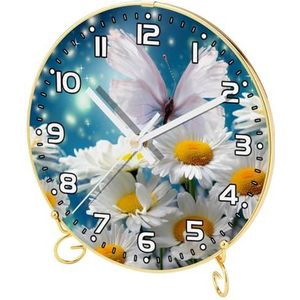 YTYVAGT Wandklok, klokken voor slaapkamer, werkt op batterijen, witte madeliefje vlinder bloem, ronde stille klok 9,4 inch