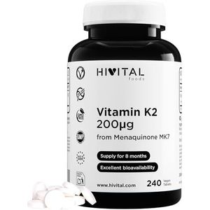 Vitamine K2 MK7 200 mcg. 240 veganistische Vitamine K tabletten voor 8 maanden behandeling. Bevat 200 mcg pure Vitamin K2 Menaquinone MK-7. Gefabriceerd in Europa door HIVITAL
