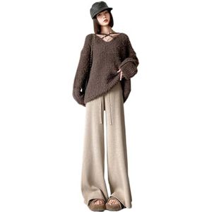 Dames Vrijetijdsgebreide Broek Met Wijde Pijpen, Herfst-winter Warme Kasjmierbroek, Elastische Rechte Broek Met Hoge Taille, Elegante Damesstraatbroek, Losse Uitlopende Broek(Brown,S)