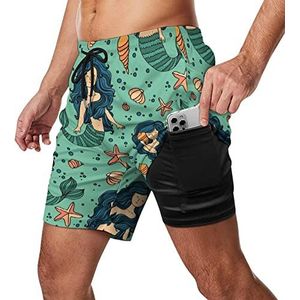 Leuke Mermaid Secret Zwembroek voor heren, sneldrogend, 2-in-1 strandsportshorts met compressieliner en zak