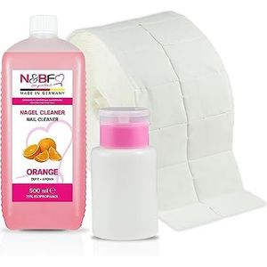 NAILS FACTORY | N&BF nagelreinigingsset met geur | 500 ml | dispenser pompfles roze 150 ml | 1000 cellulose pads (2 rollen à 500 stuks) -| 70% isopropanol | voor gelnagels | geur (oranje)